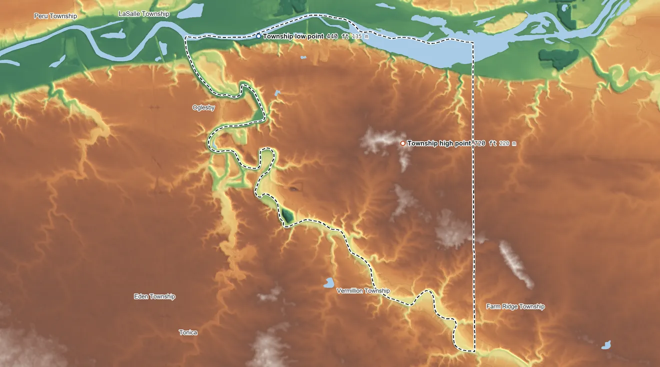 Topographic elevation map of Deer Park Township, Illinois, shaded from 440 ft on the northwest side to 720 ft near the middle