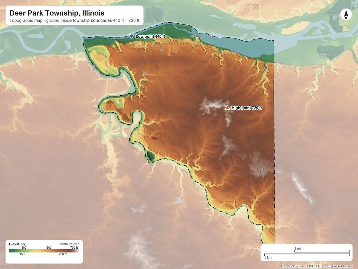 Topographic elevation map of Deer Park Township, Illinois, shaded from 440 ft on the northwest side to 720 ft near the middle