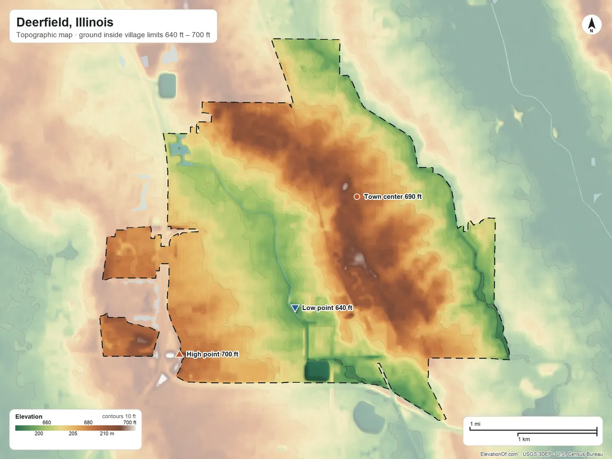 Topographic elevation map of Deerfield, Illinois, shaded from 640 ft on the southwest side to 700 ft on the southwest side