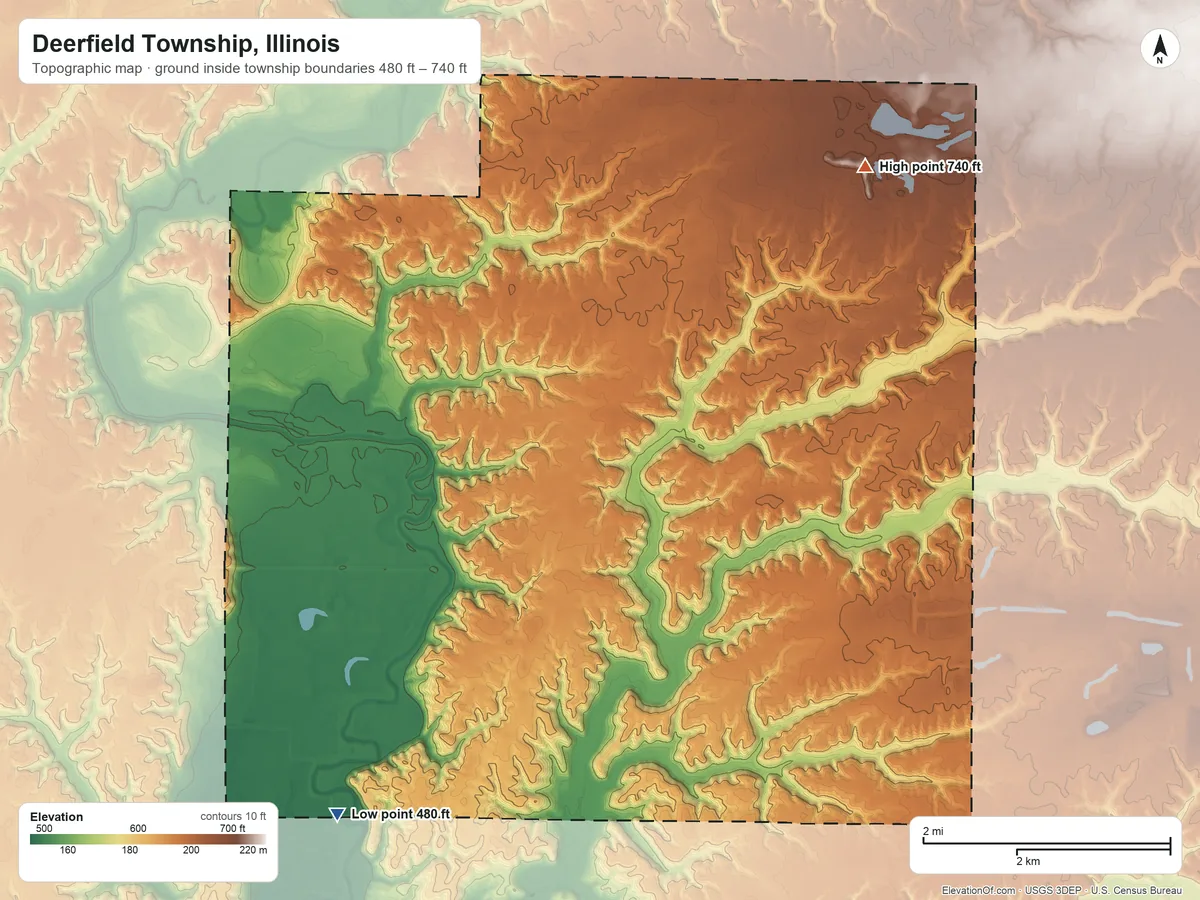 Topographic elevation map of Deerfield Township, Illinois, shaded from 480 ft on the southwest side to 740 ft on the northeast side