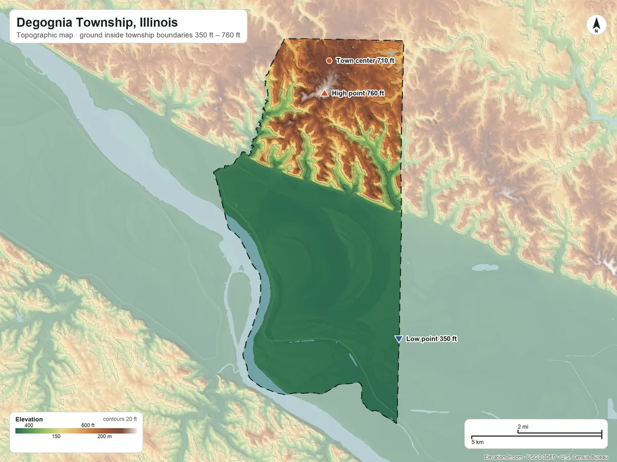 Topographic elevation map of Degognia Township, Illinois, shaded from 350 ft on the south side to 760 ft near the middle