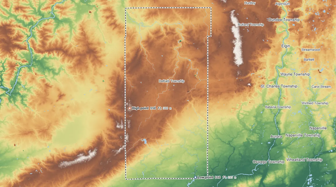 Topographic elevation map of DeKalb County, Illinois, shaded from 640 ft on the south side to 990 ft on the west side