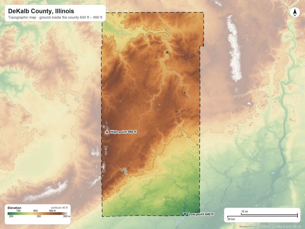 Topographic elevation map of DeKalb County, Illinois, shaded from 640 ft on the south side to 990 ft on the west side