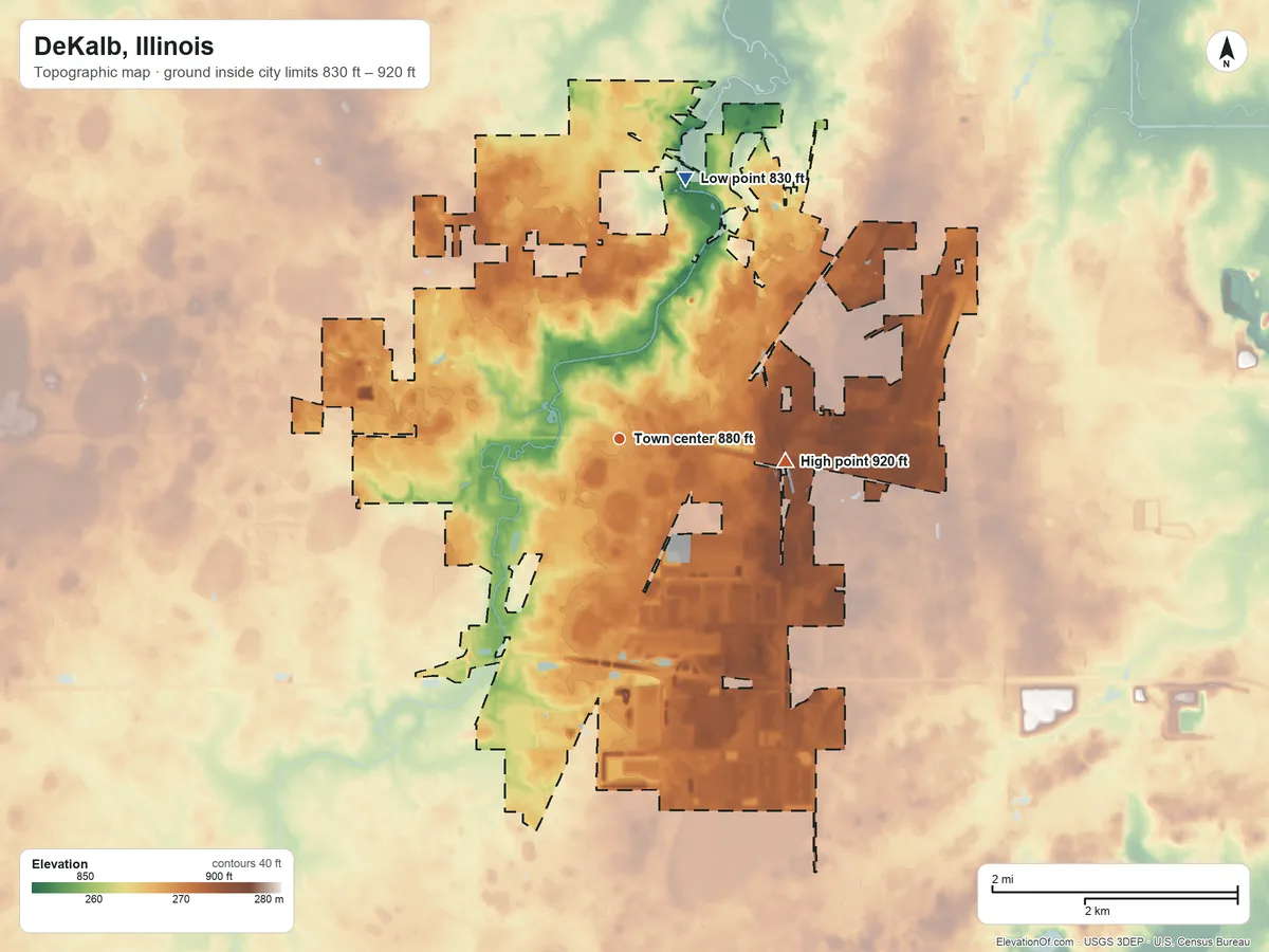 Topographic elevation map of DeKalb, Illinois, shaded from 830 ft on the north side to 920 ft on the east side