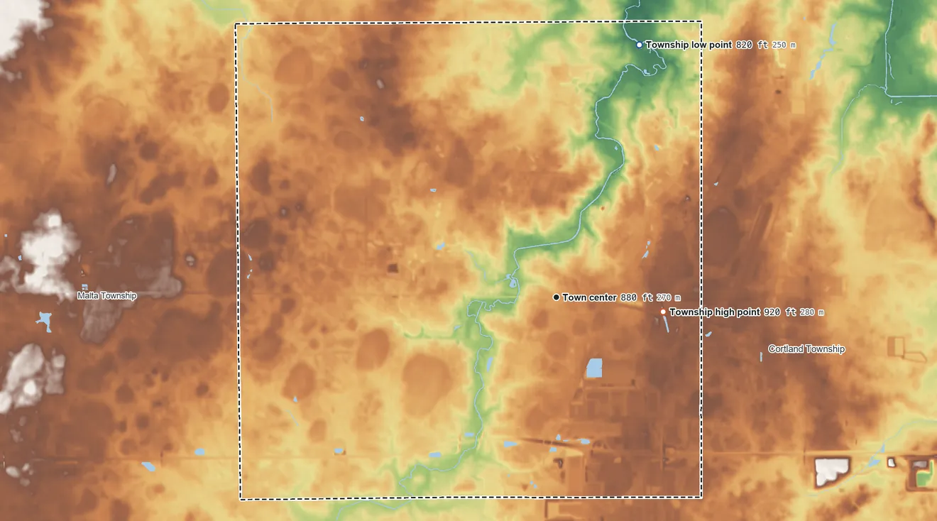 Topographic elevation map of DeKalb Township, Illinois, shaded from 820 ft on the north side to 920 ft on the east side