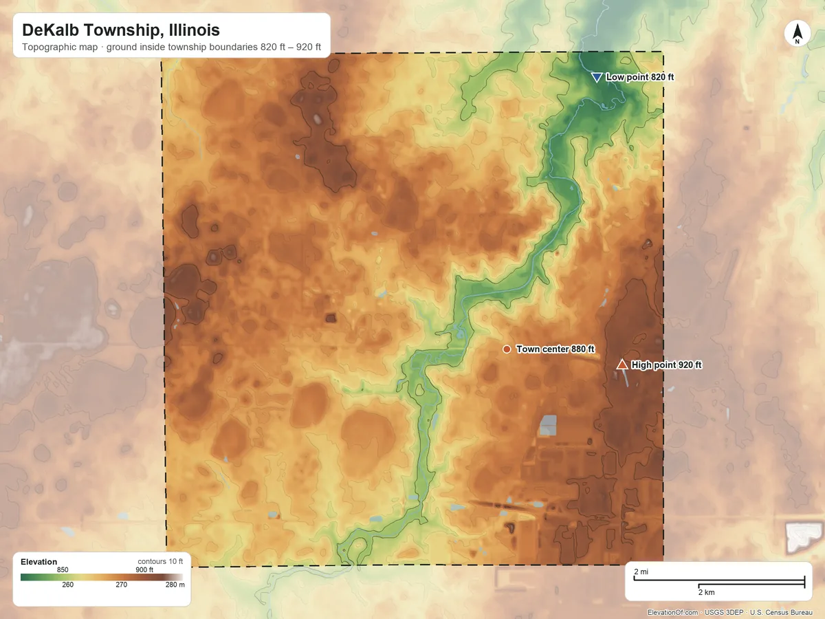 Topographic elevation map of DeKalb Township, Illinois, shaded from 820 ft on the north side to 920 ft on the east side