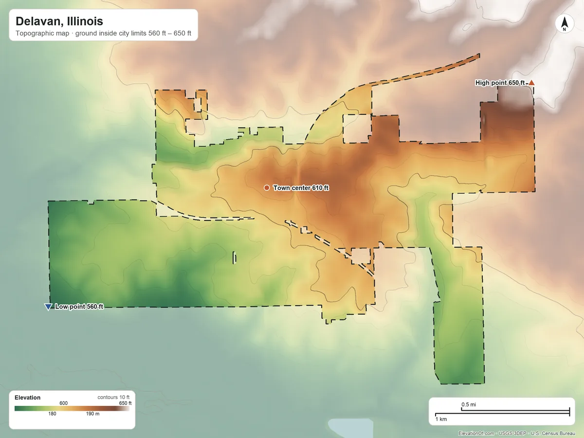 Topographic elevation map of Delavan, Illinois, shaded from 560 ft on the southwest side to 650 ft on the east side