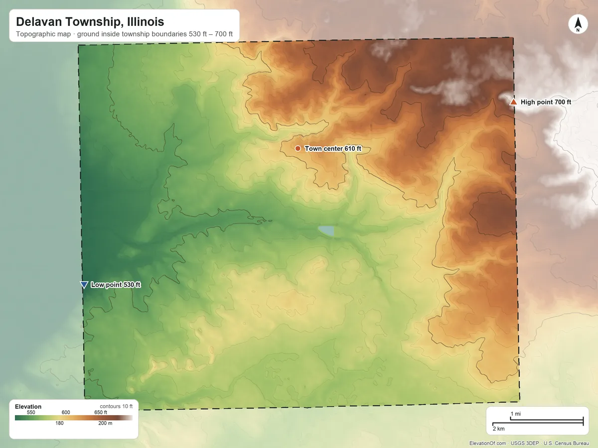 Topographic elevation map of Delavan Township, Illinois, shaded from 530 ft on the southwest side to 700 ft on the east side