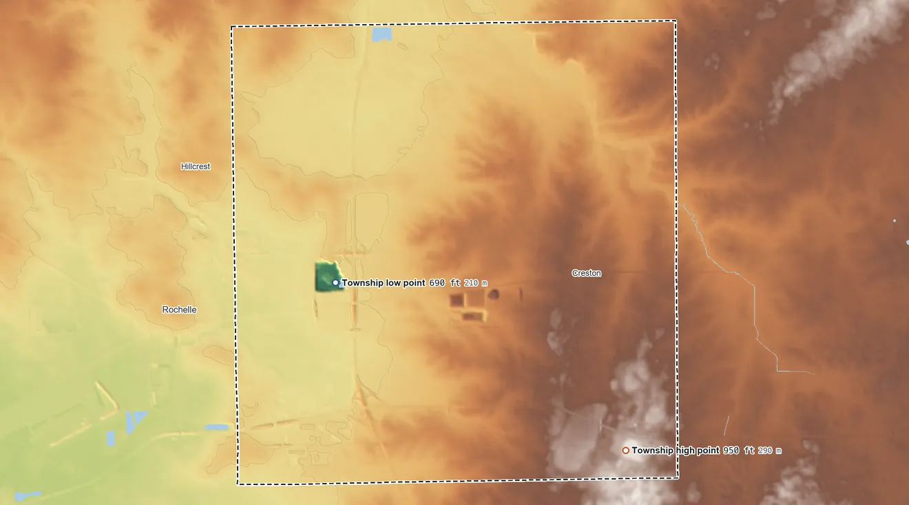 Topographic elevation map of Dement Township, Illinois, shaded from 690 ft on the west side to 950 ft on the southeast side