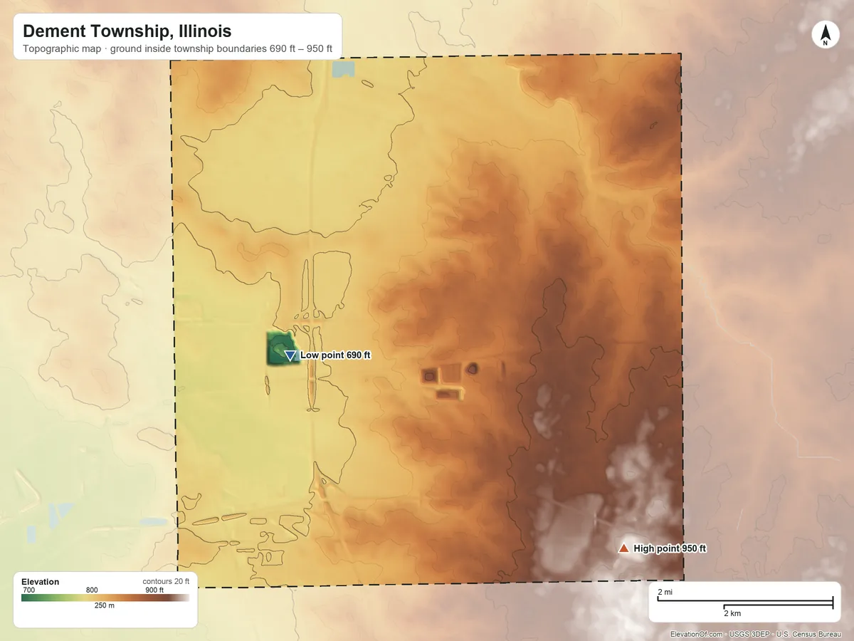 Topographic elevation map of Dement Township, Illinois, shaded from 690 ft on the west side to 950 ft on the southeast side