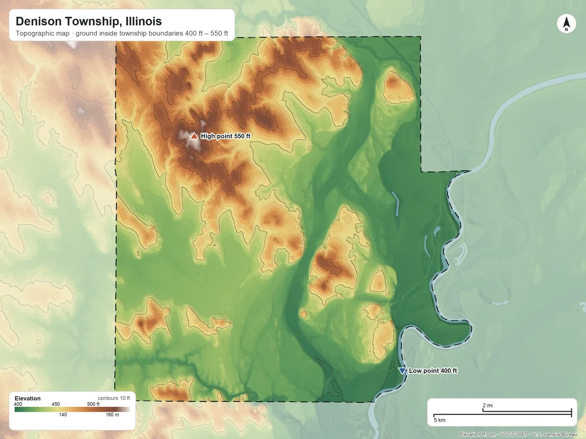 Topographic elevation map of Denison Township, Illinois, shaded from 400 ft on the southeast side to 550 ft on the northwest side