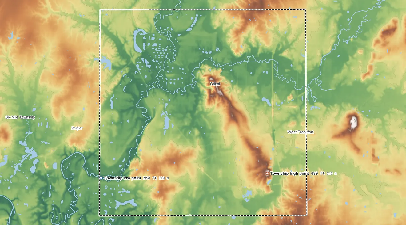 Topographic elevation map of Denning Township, Illinois, shaded from 360 ft on the west side to 480 ft on the south side
