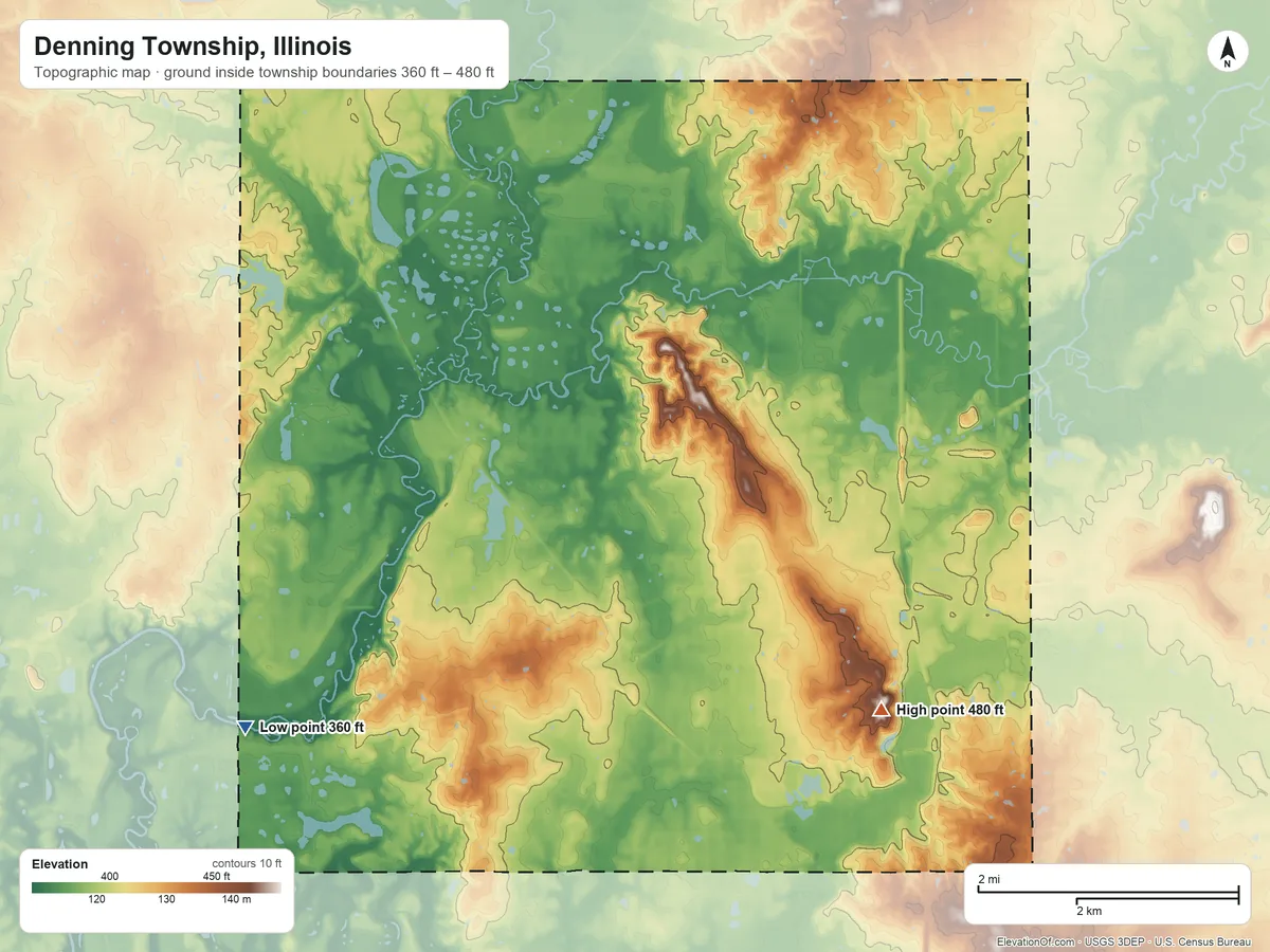 Topographic elevation map of Denning Township, Illinois, shaded from 360 ft on the west side to 480 ft on the south side