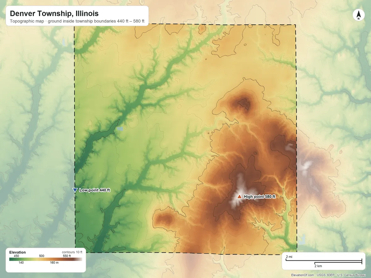 Topographic elevation map of Denver Township, Illinois, shaded from 440 ft on the southwest side to 580 ft on the southeast side