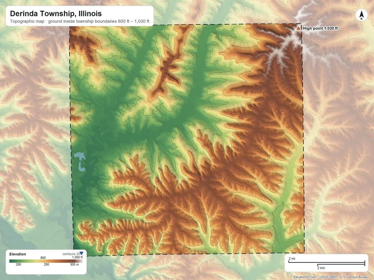 Topographic elevation map of Derinda Township, Illinois, shaded from 600 ft on the southwest side to 1,030 ft on the northeast side