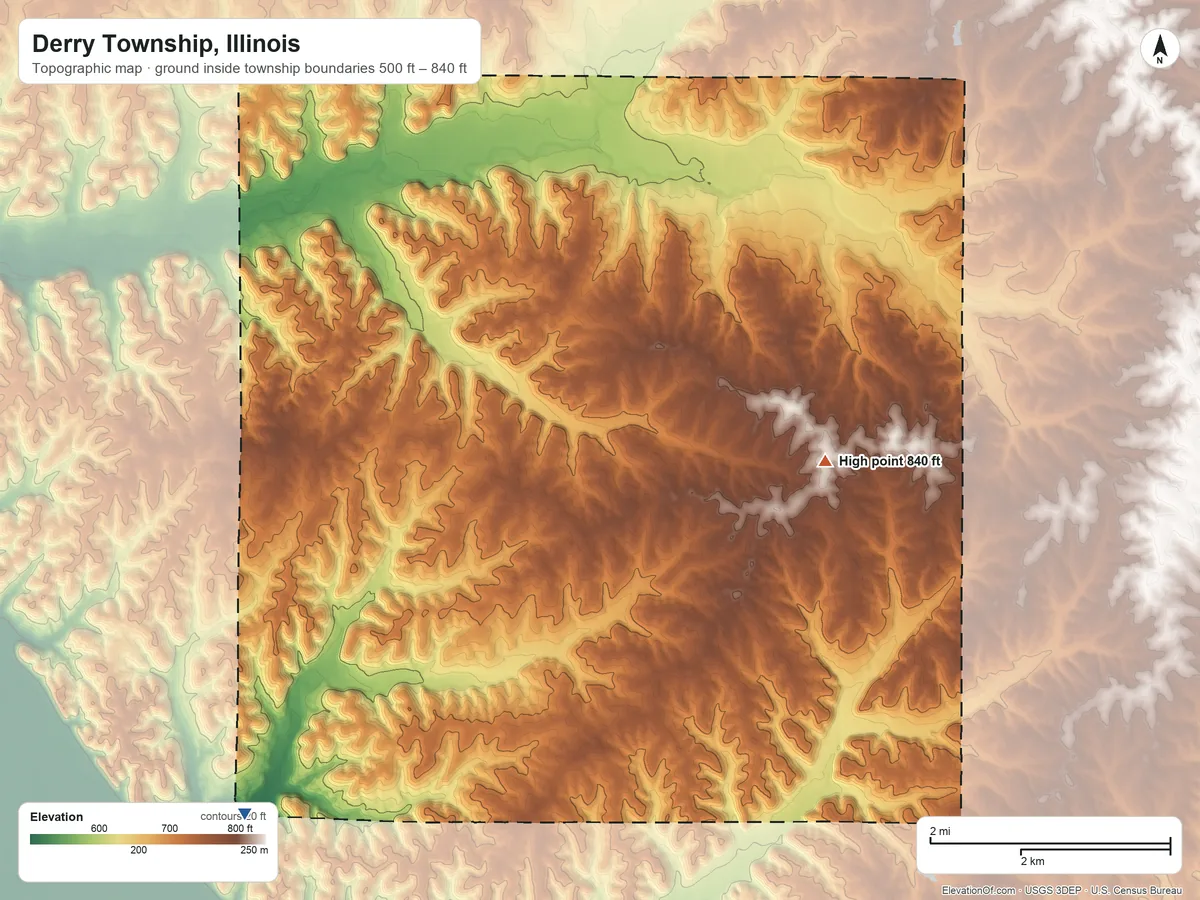 Topographic elevation map of Derry Township, Illinois, shaded from 500 ft on the southwest side to 840 ft on the east side