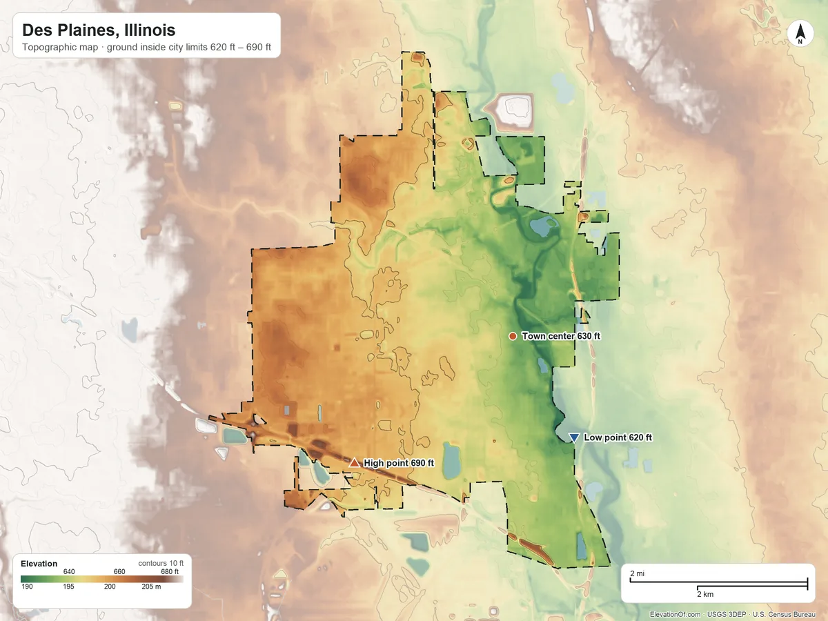 Topographic elevation map of Des Plaines, Illinois, shaded from 620 ft on the southeast side to 690 ft on the southwest side