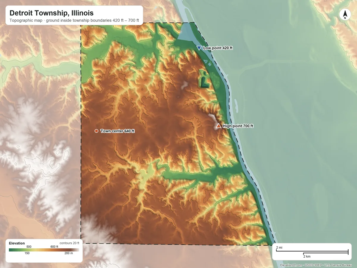 Topographic elevation map of Detroit Township, Illinois, shaded from 420 ft on the northeast side to 700 ft on the east side