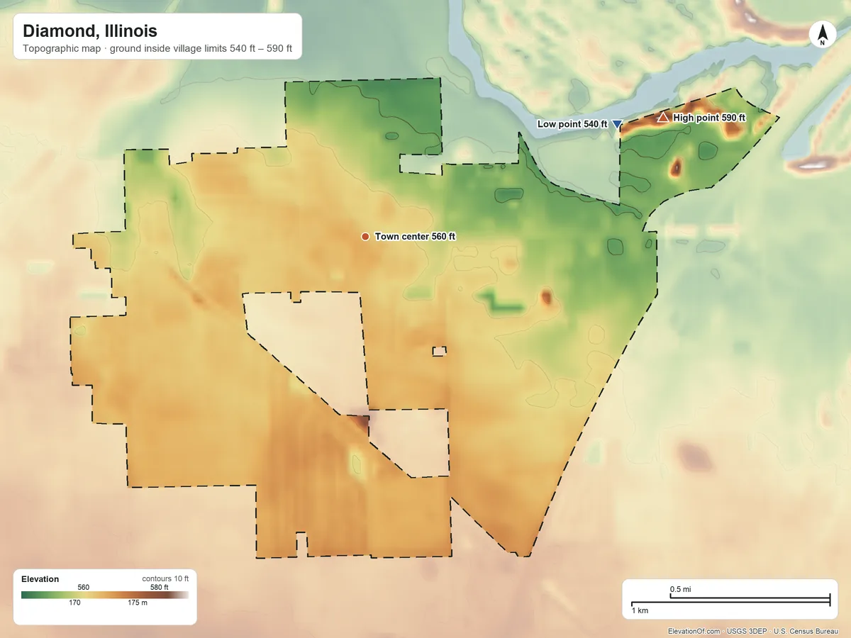 Topographic elevation map of Diamond, Illinois, shaded from 540 ft on the northeast side to 590 ft on the east side