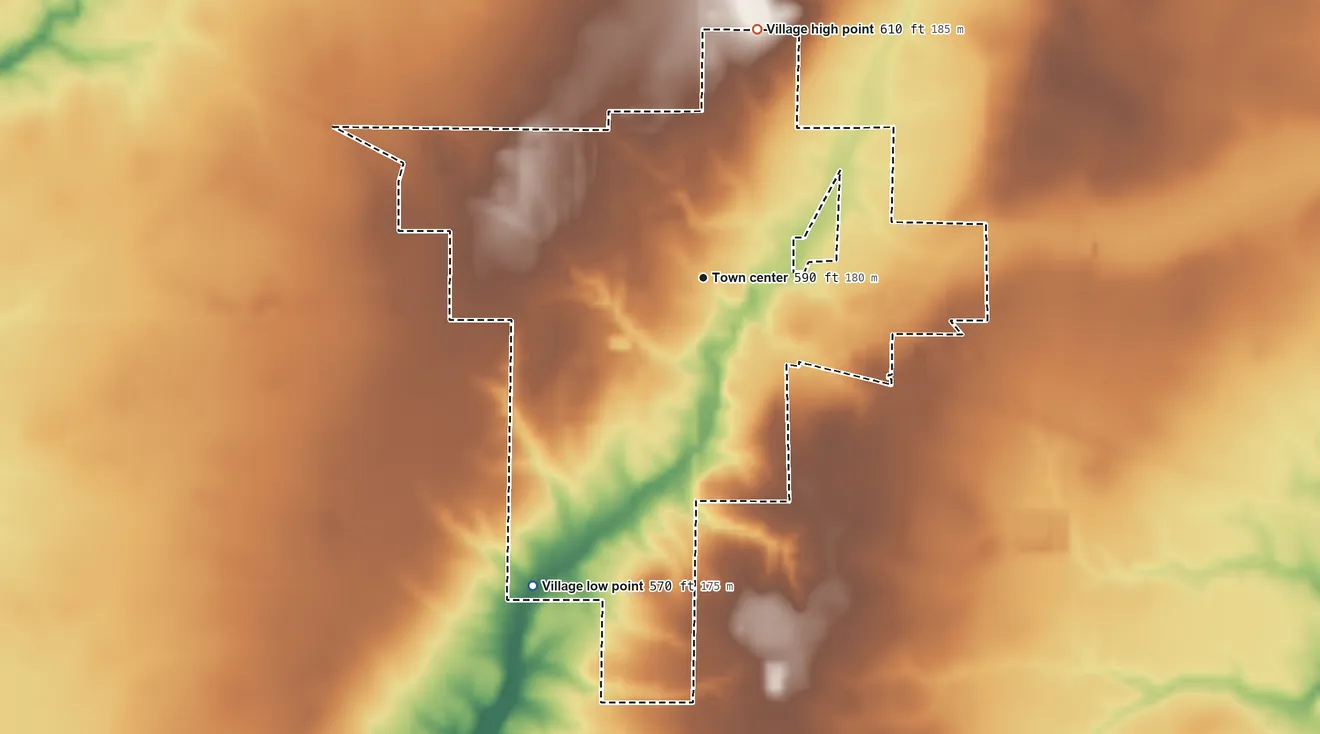 Topographic elevation map of Dieterich, Illinois, shaded from 570 ft on the southwest side to 610 ft on the north side