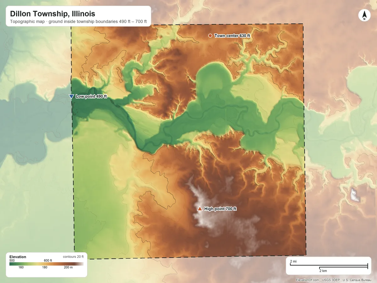 Topographic elevation map of Dillon Township, Illinois, shaded from 490 ft on the southwest side to 700 ft on the south side