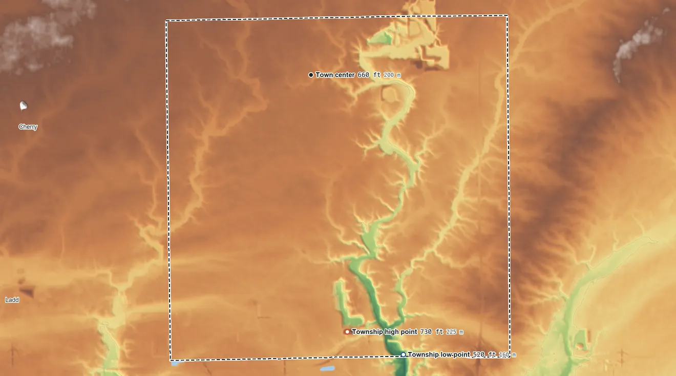 Topographic elevation map of Dimmick Township, Illinois, shaded from 520 ft on the south side to 730 ft on the south side