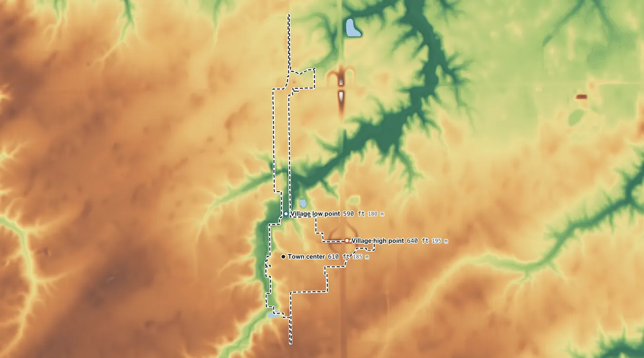 Topographic elevation map of Divernon, Illinois, shaded from 590 ft on the north side to 640 ft on the east side