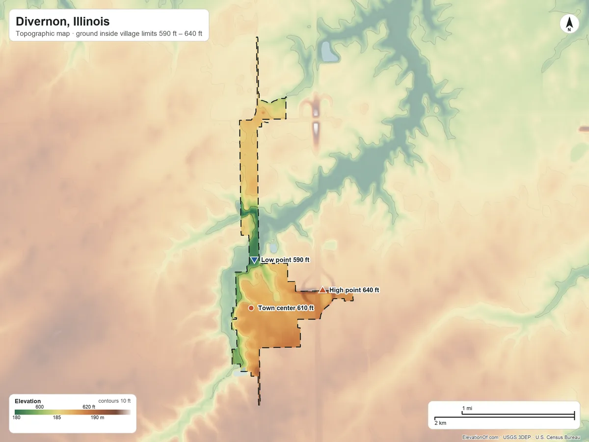 Topographic elevation map of Divernon, Illinois, shaded from 590 ft on the north side to 640 ft on the east side