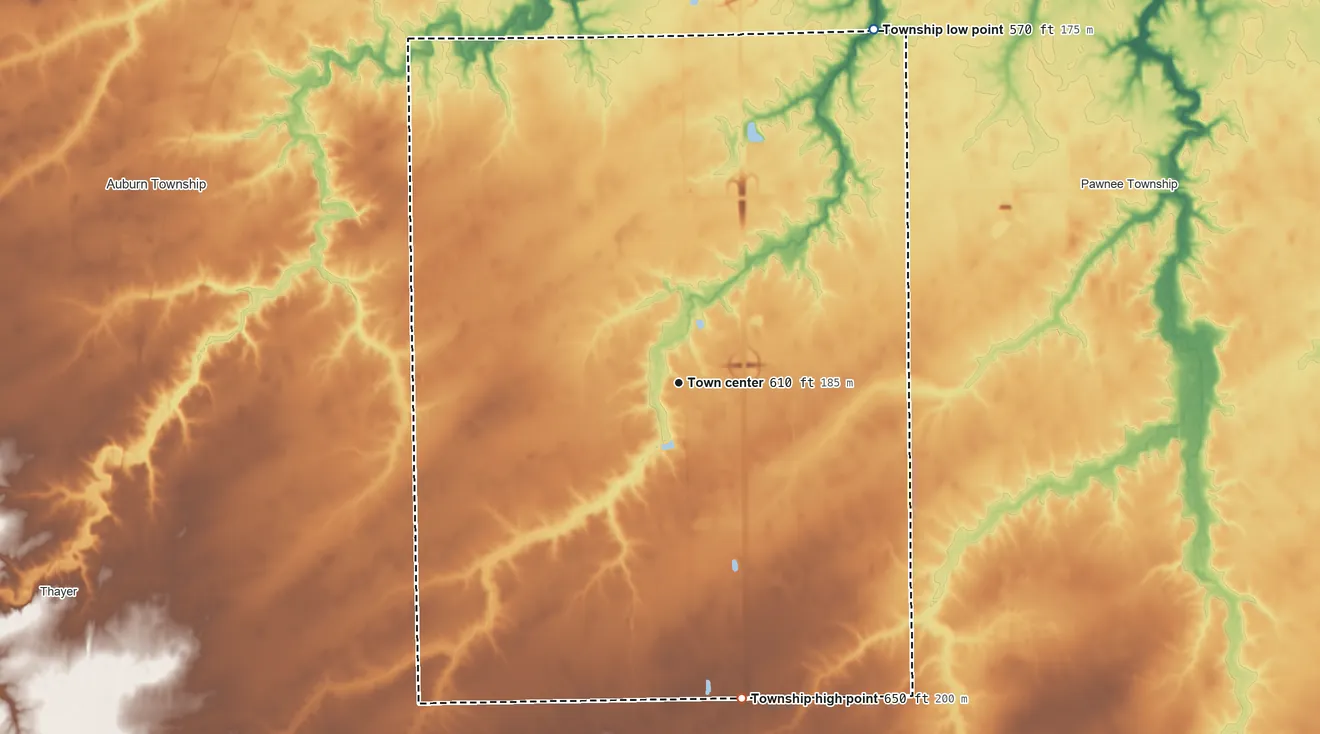 Topographic elevation map of Divernon Township, Illinois, shaded from 570 ft on the northeast side to 650 ft on the south side