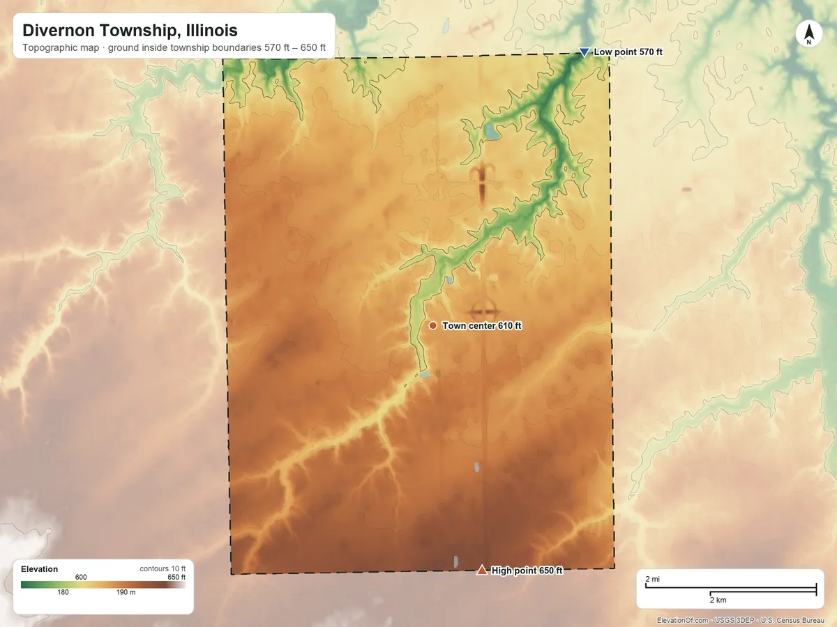 Topographic elevation map of Divernon Township, Illinois, shaded from 570 ft on the northeast side to 650 ft on the south side