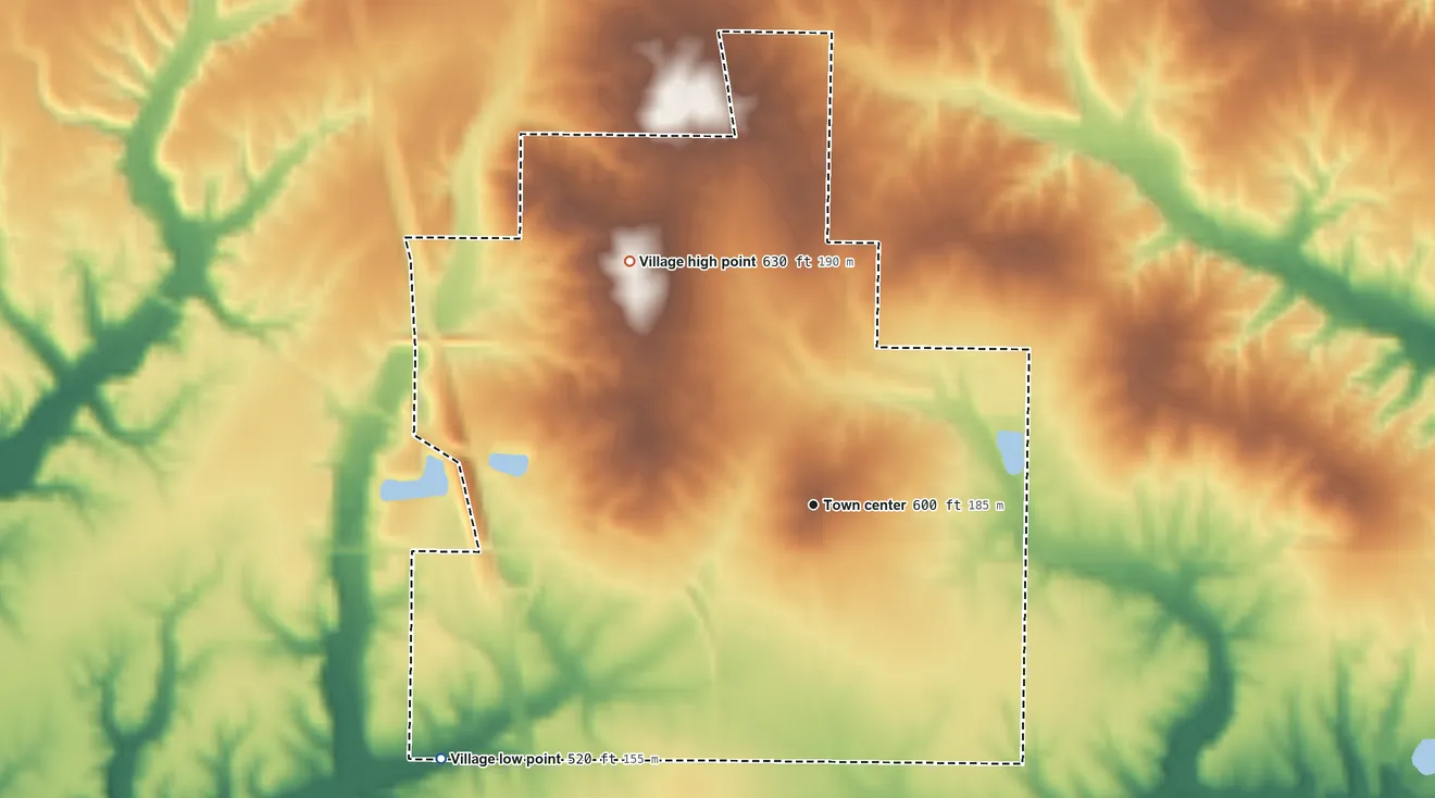 Topographic elevation map of Dix, Illinois, shaded from 520 ft on the southwest side to 630 ft on the northwest side