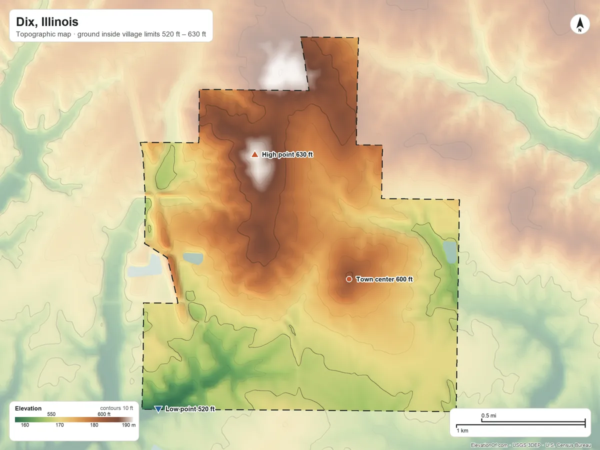 Topographic elevation map of Dix, Illinois, shaded from 520 ft on the southwest side to 630 ft on the northwest side