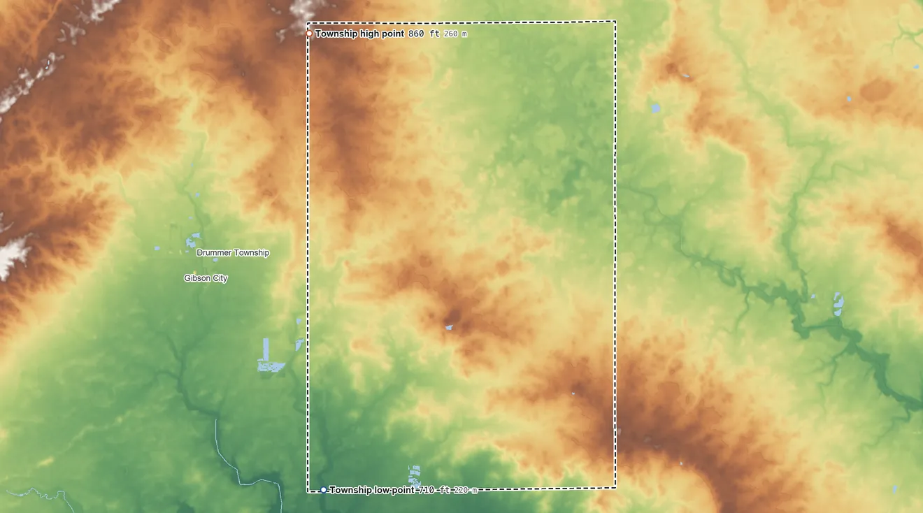 Topographic elevation map of Dix Township, Illinois, shaded from 710 ft on the southwest side to 860 ft on the northwest side