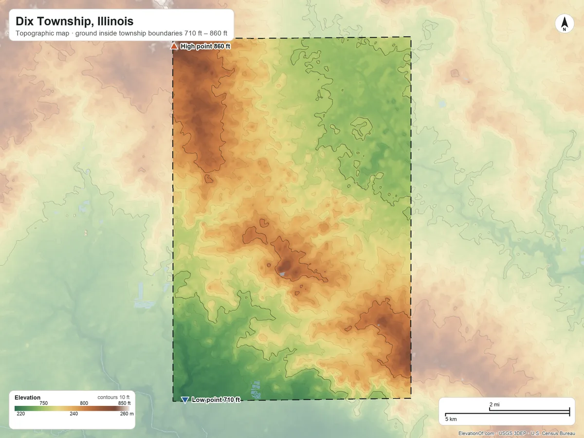 Topographic elevation map of Dix Township, Illinois, shaded from 710 ft on the southwest side to 860 ft on the northwest side