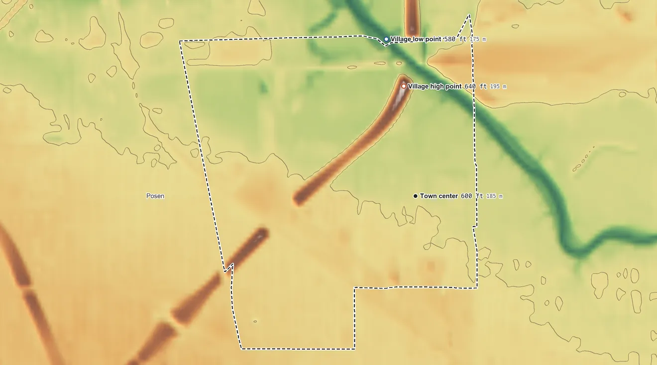 Topographic elevation map of Dixmoor, Illinois, shaded from 580 ft on the north side to 640 ft on the north side
