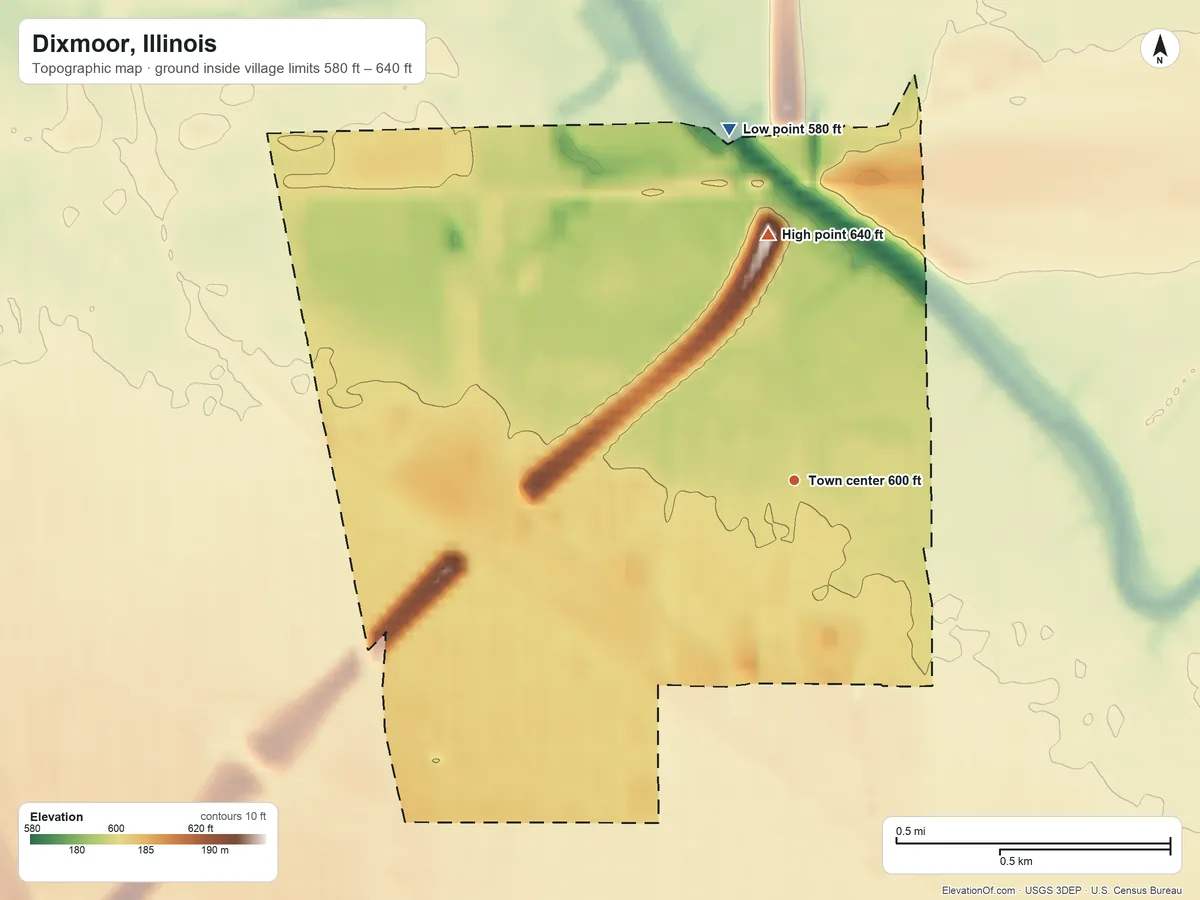 Topographic elevation map of Dixmoor, Illinois, shaded from 580 ft on the north side to 640 ft on the north side