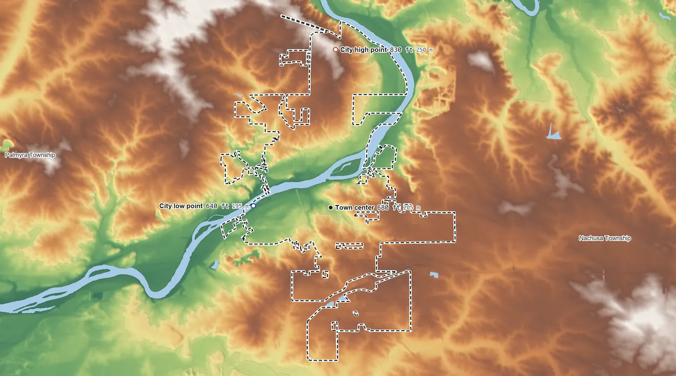 Topographic elevation map of Dixon, Illinois, shaded from 640 ft on the west side to 830 ft on the north side