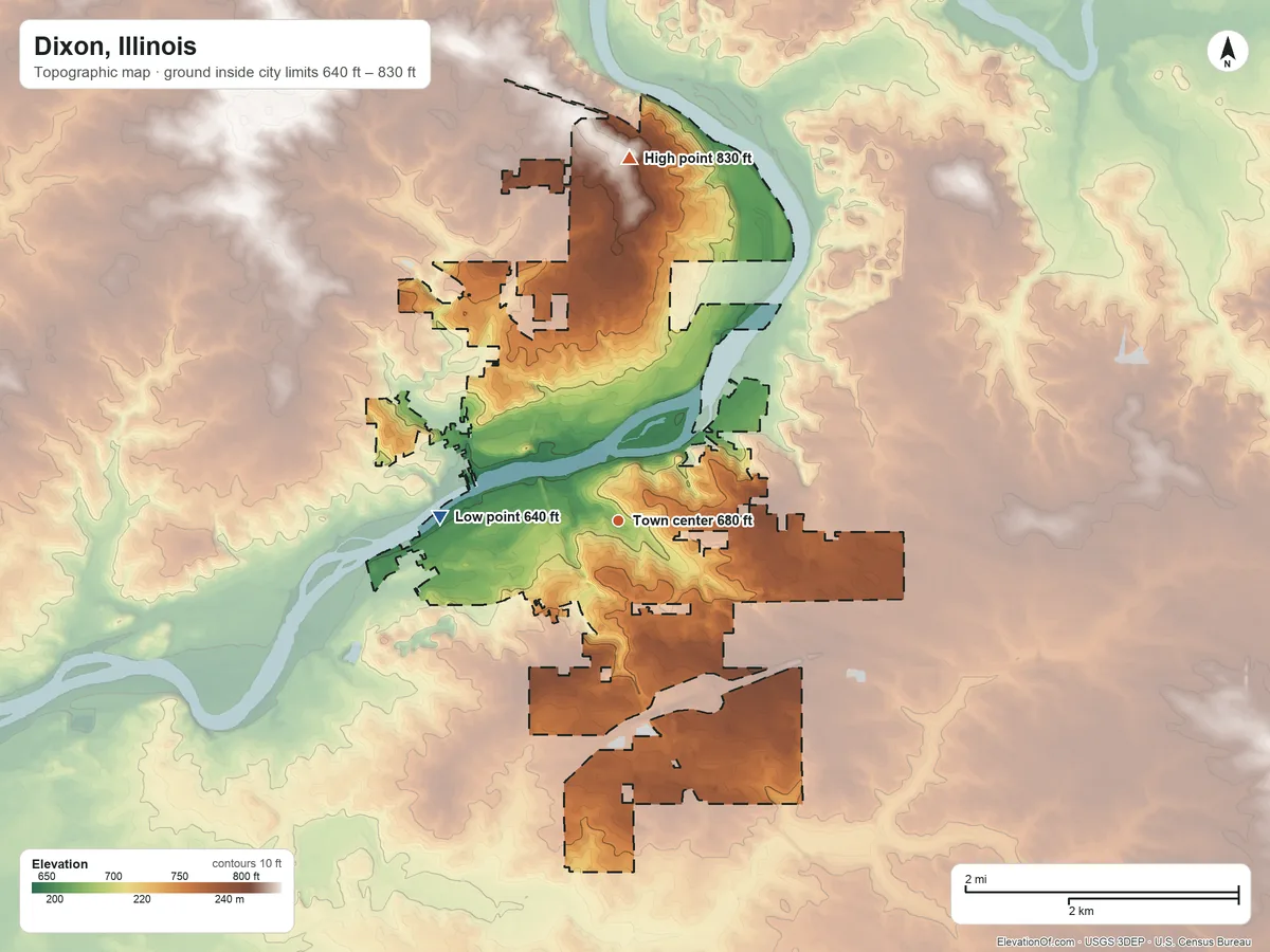 Topographic elevation map of Dixon, Illinois, shaded from 640 ft on the west side to 830 ft on the north side