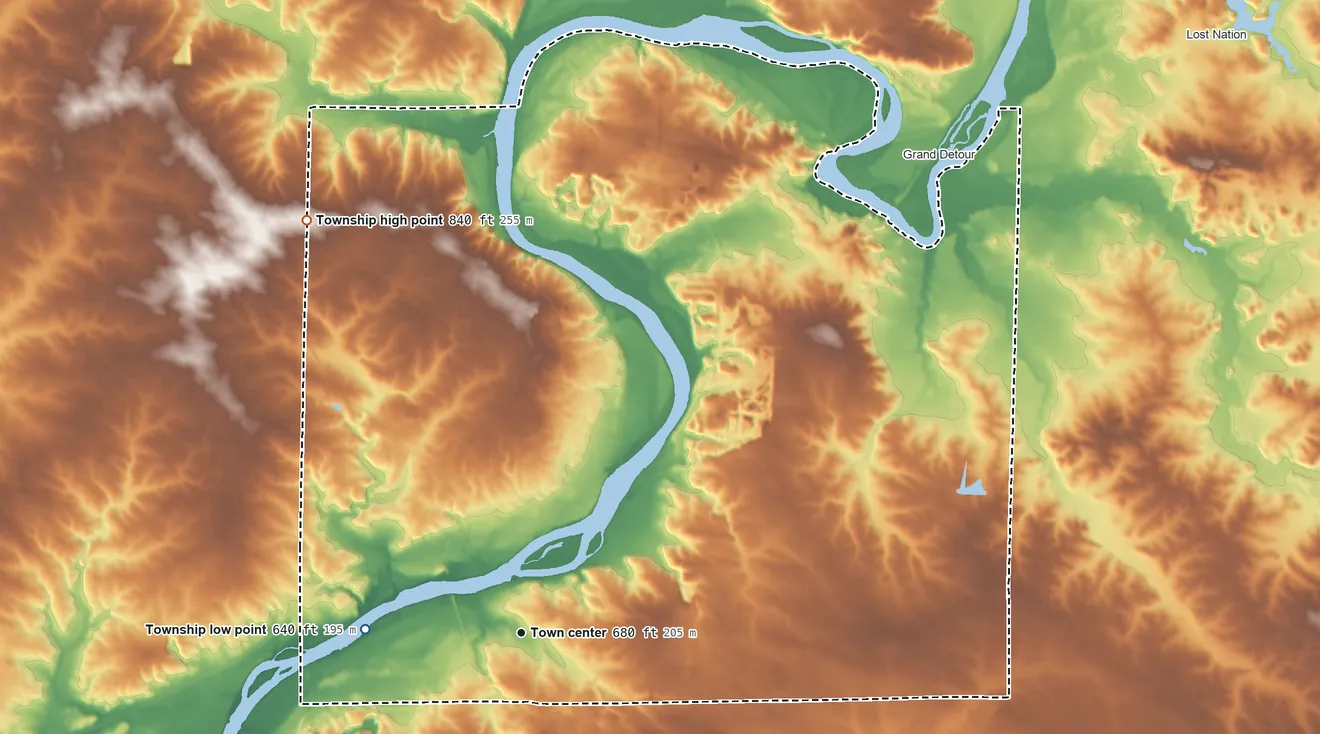 Topographic elevation map of Dixon Township, Illinois, shaded from 640 ft on the west side to 840 ft on the northwest side