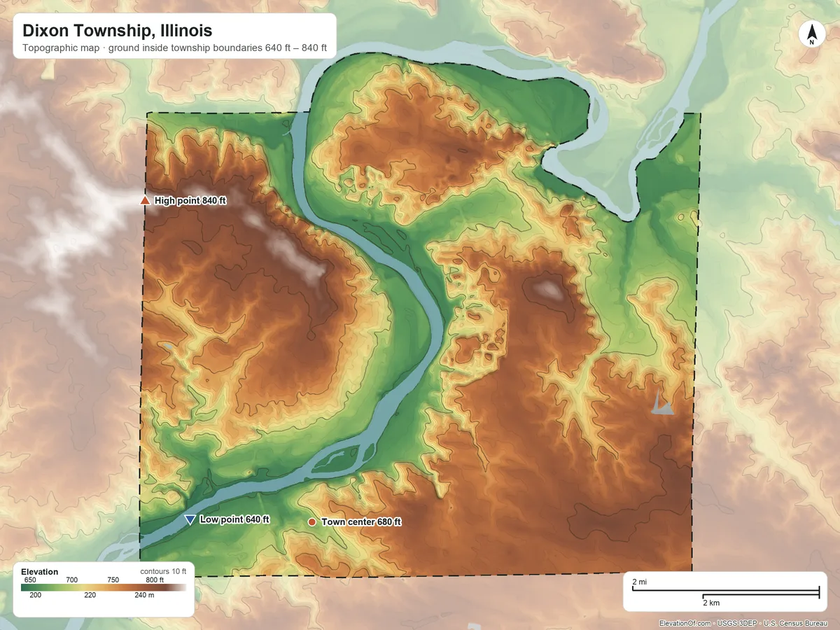 Topographic elevation map of Dixon Township, Illinois, shaded from 640 ft on the west side to 840 ft on the northwest side