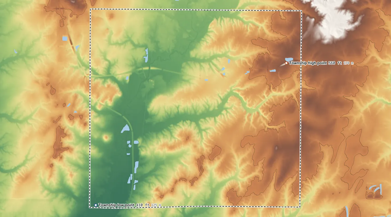 Topographic elevation map of Dodds Township, Illinois, shaded from 410 ft on the southwest side to 560 ft on the east side