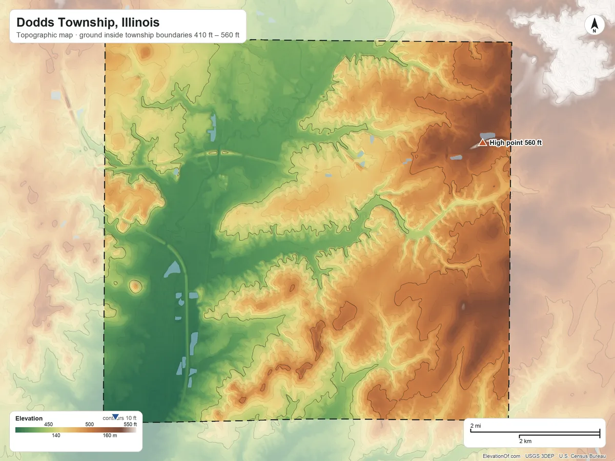 Topographic elevation map of Dodds Township, Illinois, shaded from 410 ft on the southwest side to 560 ft on the east side