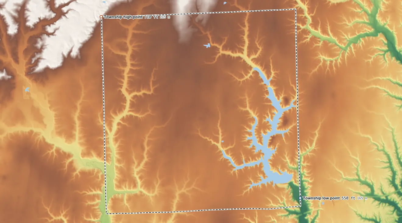 Topographic elevation map of Dolson Township, Illinois, shaded from 550 ft on the southeast side to 710 ft on the northwest side