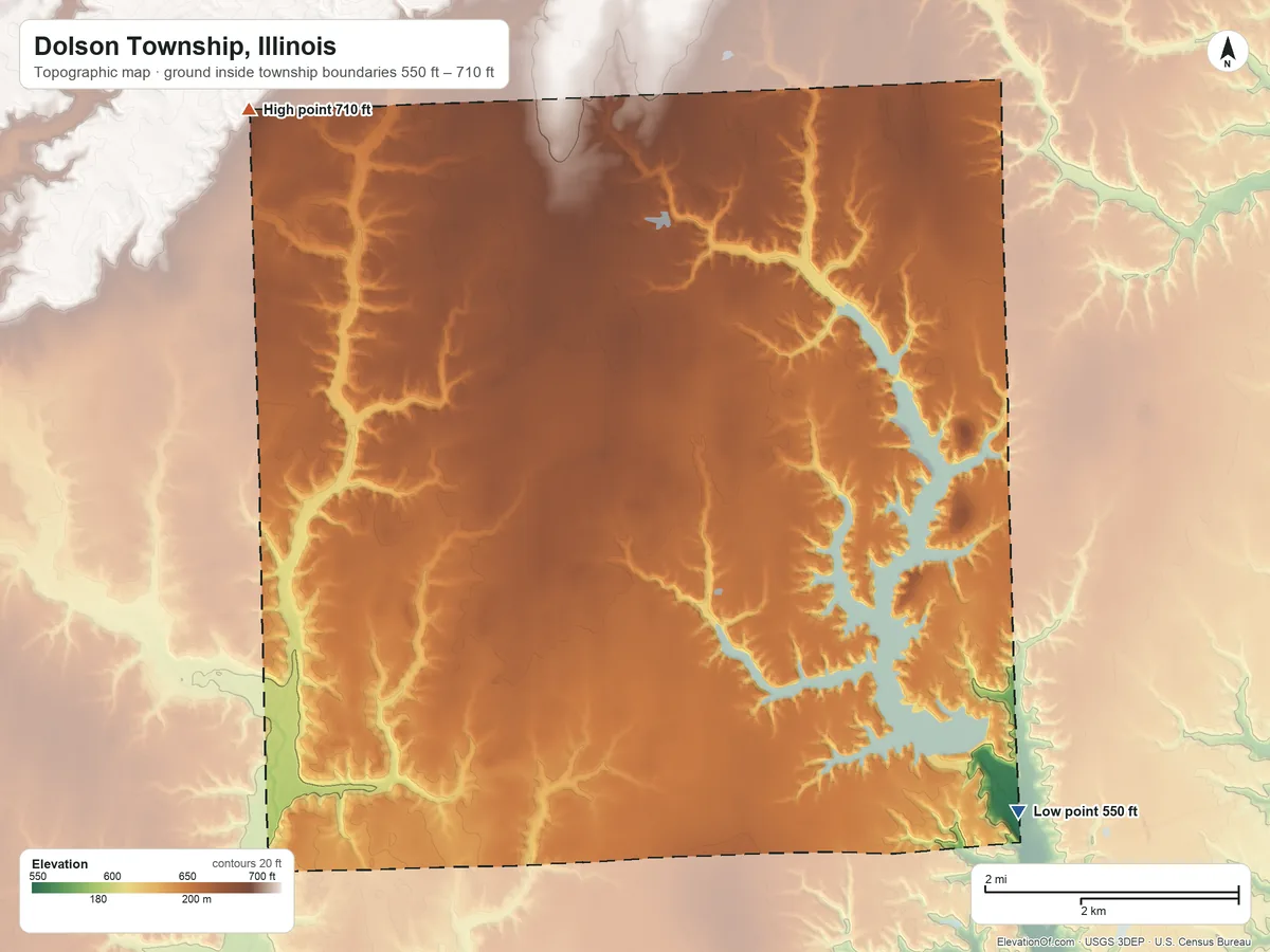 Topographic elevation map of Dolson Township, Illinois, shaded from 550 ft on the southeast side to 710 ft on the northwest side