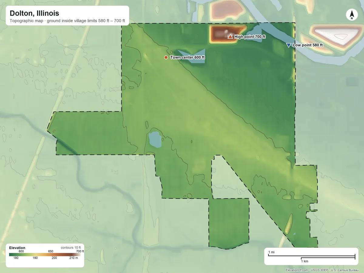 Topographic elevation map of Dolton, Illinois, shaded from 580 ft on the east side to 700 ft on the east side