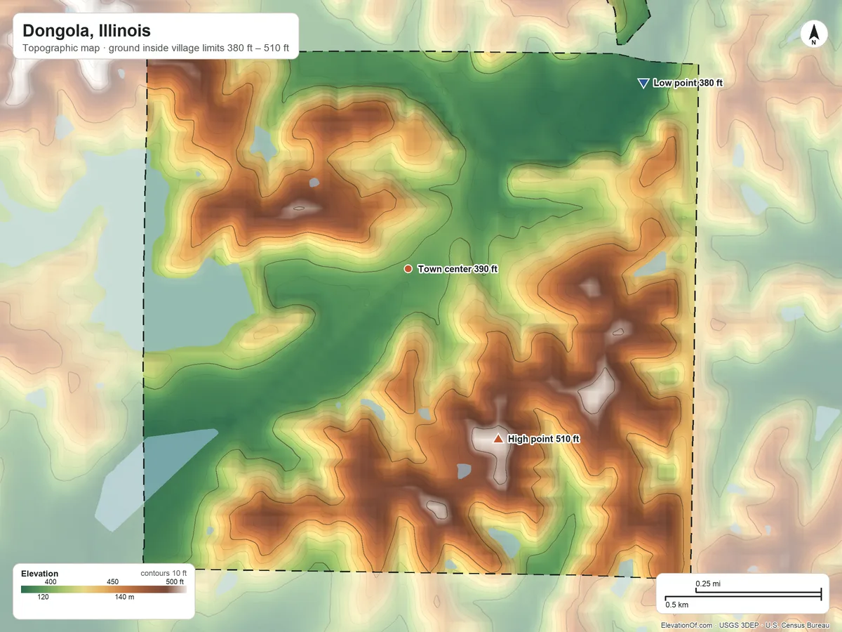 Topographic elevation map of Dongola, Illinois, shaded from 380 ft on the northeast side to 510 ft on the southeast side