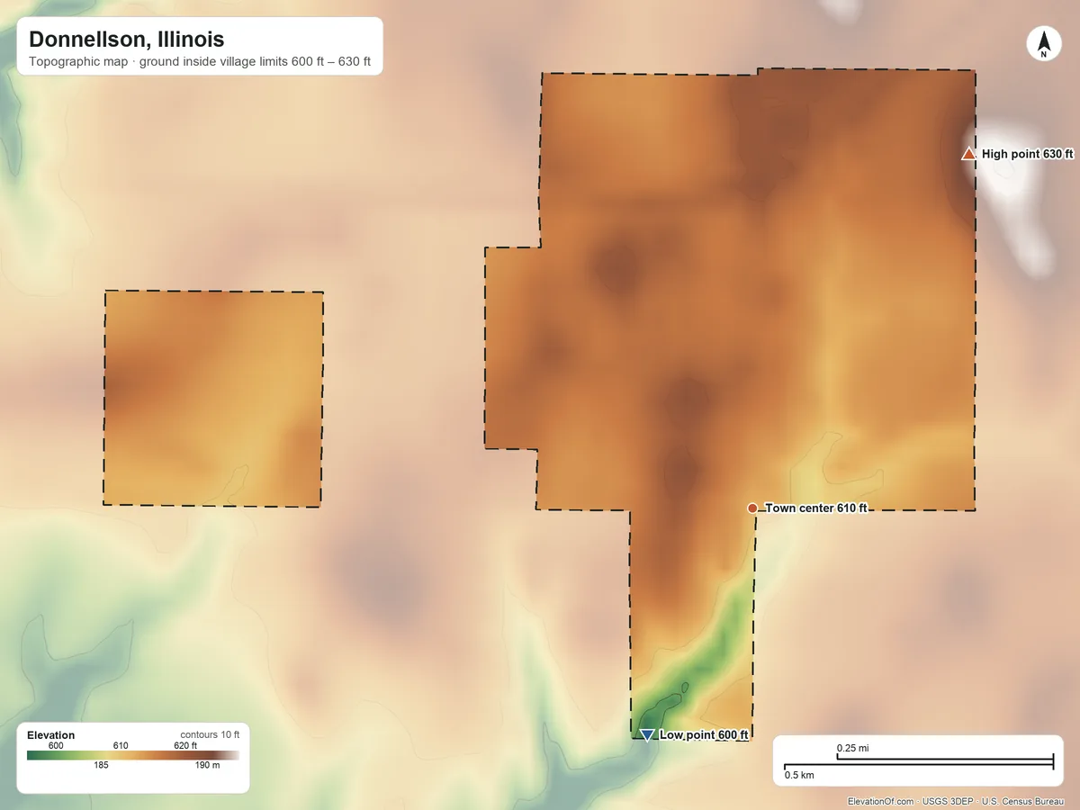 Topographic elevation map of Donnellson, Illinois, shaded from 600 ft on the southwest side to 630 ft on the northeast side