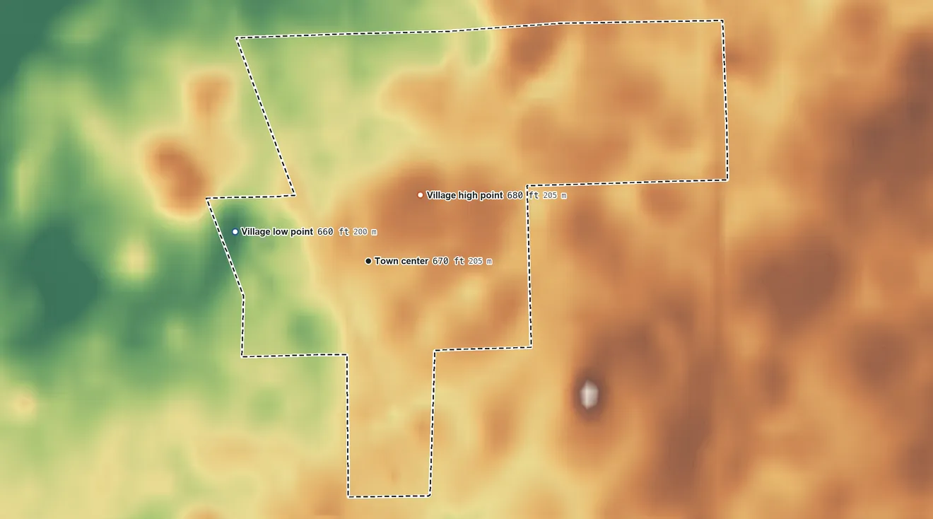 Topographic elevation map of Donovan, Illinois, shaded from 660 ft on the west side to 680 ft on the northeast side