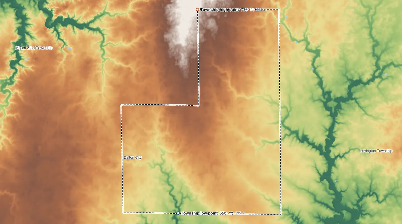 Topographic elevation map of Dora Township, Illinois, shaded from 650 ft on the south side to 730 ft on the north side