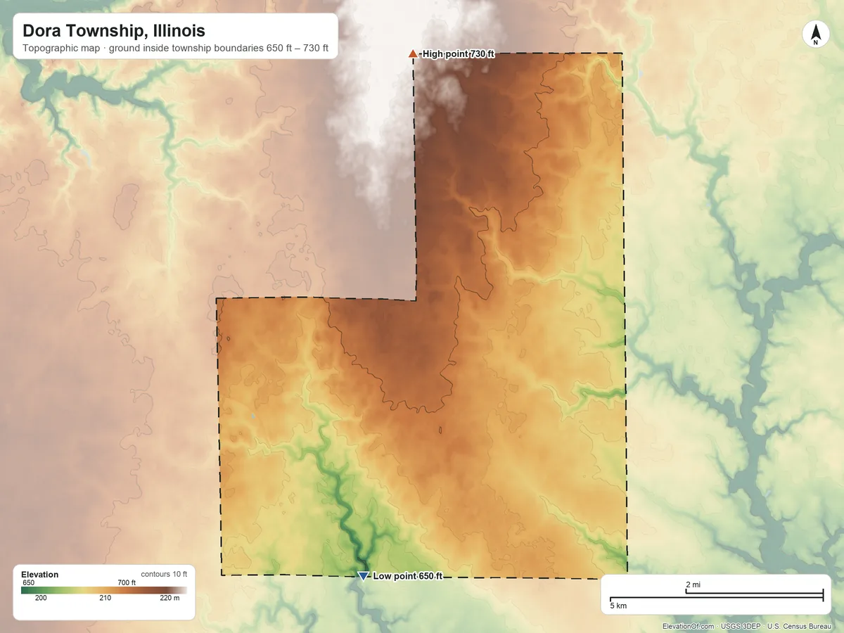 Topographic elevation map of Dora Township, Illinois, shaded from 650 ft on the south side to 730 ft on the north side